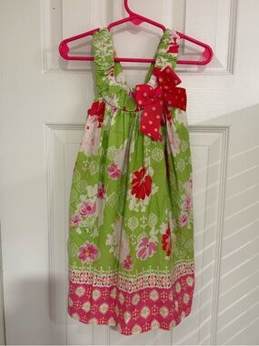 100% COTTON Jessica Ann Lime Green Floral Dress with Pink Bow Accent